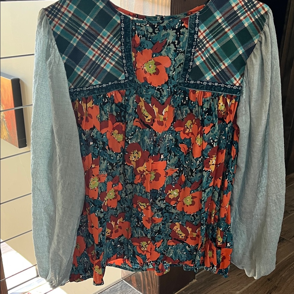 Ivy Jane Green and Orange Floral Plaid Blouse